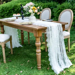 Elegant white lace table runner with intricate floral patterns for wedding decor