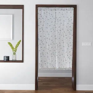 Detailed view of a Korean style floral cotton door curtain with elegant tassel fringe
