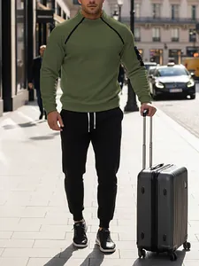 Men's casual autumn set with olive green stand collar sweatshirt and black joggers