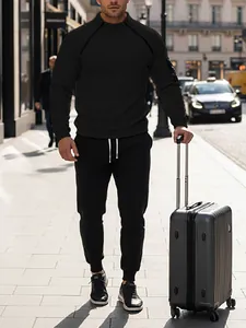 Casual black men's tracksuit set with stand collar fleece pullover and jogger pants