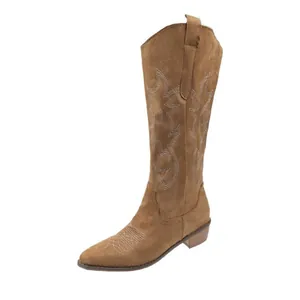 Stylish vintage embroidered brown suede V-neck mid-calf cowboy boots with chunky heel