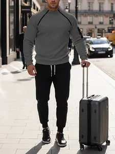 Men's casual grey stand collar sweatshirt and black joggers tracksuit street style