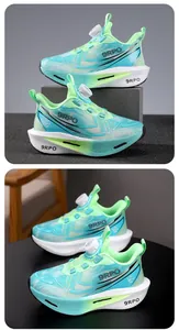 Macro view of boys' breathable cyan sneakers featuring a modern rotating button closure