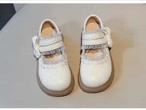 Elegantes zapatos blancos Lolita Mary Jane para niñas con encaje, volantes y lazos