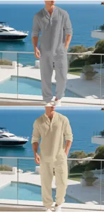 Men's breathable linen Henley long sleeve shirt and jogger pants set in grey and beige