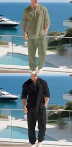 Men's linen casual set showing green and black color variants at a luxury beach resort.