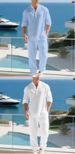 Men's loose linen Henley shirt and pants set shown in white and light blue colors