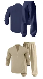 Front and back views of men's casual linen long-sleeved Henley shirt and trousers suit set.