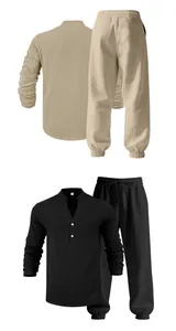 Detailed view of men's loose linen Henley shirt and drawstring pants set in khaki and black