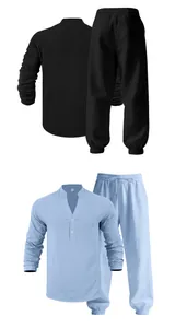 Two sets of men's loose linen casual loungewear featuring Henley long sleeve shirts and pants
