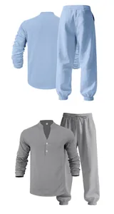 Detailed view of men's loose linen casual Henley set in light blue and grey colors