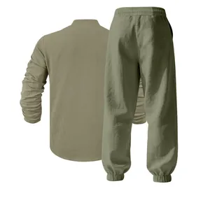Back view of a casual linen Henley shirt and jogger pants set in sage green