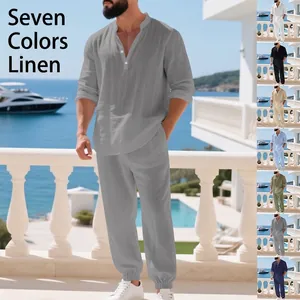 Men Casual Linen Henley Shirt Long Sleeve Top And Bottom Matching Outfits Solid Color Beach Vacation Loungewear