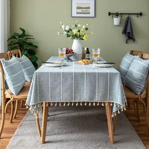 Elegant blue dust-proof tablecloth with 3D stitching and tassels for home dining party