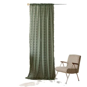 Tenda per finestra semitrasparente all'uncinetto geometrica verde in stile americano