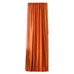 Textured semi-shading orange window curtain with white vertical embroidery and fringe tassels