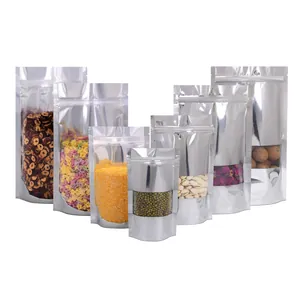 Sacchetti stand-up in alluminio argento con finestra per alimenti e snack vari