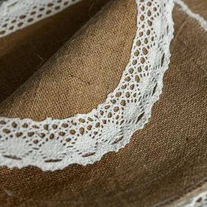 Macro view of vintage jute placemat featuring delicate white lace border detail