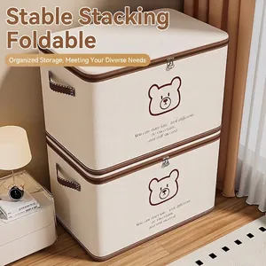 Large Capacity Foldable Fabric Storage Box Clothes Organizer Bin with Lid and Handles Cartoon Bear Pattern Decorative Bin