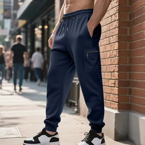 Men's heavy navy blue knit cargo joggers with side pocket for outdoor casual wear