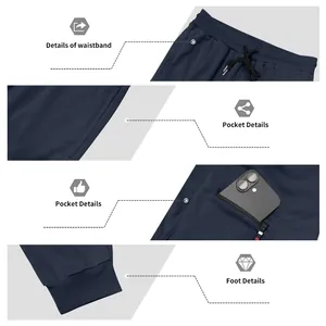 Close-up of waistband, pocket, and cuffed hem details on navy blue joggers