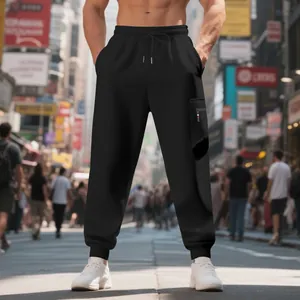 Men's black heavy knit cargo sweatpants with side pocket and drawstring waist.