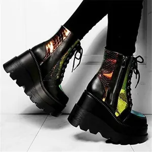 Detailed side view of gothic black platform wedge ankle boots with iridescent snake skin