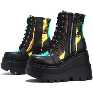Women's Wedge Ankle Boots Holographic Snakeskin Pattern Platform High Heel Gothic Punk Fashion Boots With Side Zipper