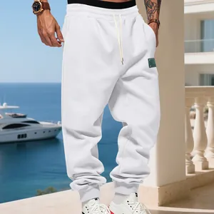 American style men's loose white fleece-lined jogger sweatpants for autumn winter sports