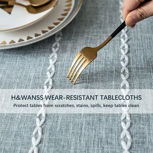 Detailed macro view of wear-resistant blue tablecloth featuring white 3D stitched stripes