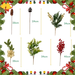 Dimensions of various artificial Christmas picks including berries, pine cones and foliage