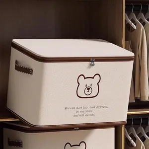 Large capacity beige fabric folding clothes storage box with bear print and sturdy handles
