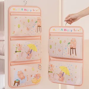 Hanging Underwear Storage Bag Closet Wall Door Mesh Organizer For Socks Bras Panties Cartoon Cat Printed Multi-Layer Space Saving Wardrobe Storage Pouch