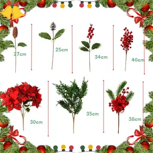Detailed dimensions of assorted artificial Christmas floral stems and berry picks