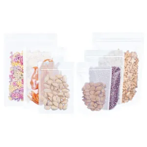Assorted sizes of frosted stand-up self-sealing pouches for food and snack storage