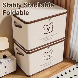 Large capacity foldable fabric storage box with bear print for home organization