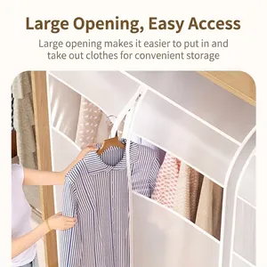 Hanging garment dust cover with zipper and visible window for home closet storage.