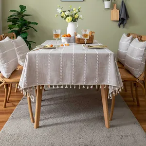 Detailed view of high-quality dustproof tablecloth with white embroidered stripes and tassels