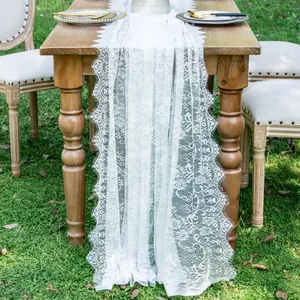 Detailed texture of white lace table runner draped on a rustic wooden table.
