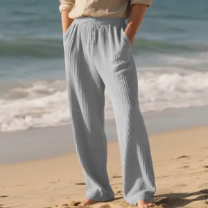 Detailed view of grey men's ribbed straight-leg trousers with drawstring waist.