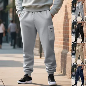 Men Heavyweight Knit Cargo Sweatpants Plus Size Solid Color Joggers Ribbed Cuffs Drawstring Casual Workwear Pants Polyester