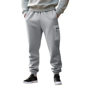 Men's heavy knit cargo sweatpants in grey with drawstring waist and ribbed cuffs.