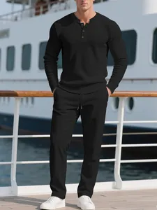 Herren Kord Freizeitanzug Einfarbig Langarm Henley Ausschnitt Oberteil Und Hose Set Gerippte Urlaub Outfits Für Alltägliche Kleidung