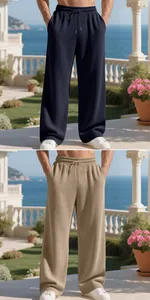 Close-up comparison of navy and khaki men's textured straight-leg trousers in a sunny setting.