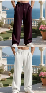 Detailed view comparing men's loose ribbed straight-leg trousers in burgundy and white colors.
