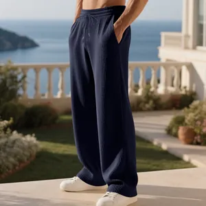 Ανδρικό σκούρο μπλε παντελόνι με ραβδώσεις, χαλαρή ίσια γραμμή και κορδόνι στη μέση