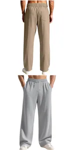 Back and front view of men's loose ribbed straight-leg casual trousers in khaki and grey