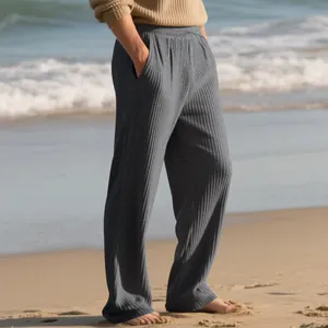 Casual men's wide-leg trousers with textured ribbed stripes and adjustable drawstring waist