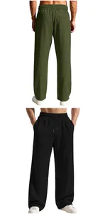Detailed front and back views of men's loose straight-leg trousers with ribbed pit strip texture