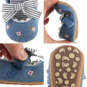 Detailed view of soft baby girl walking shoes with floral embroidery and non-slip sole